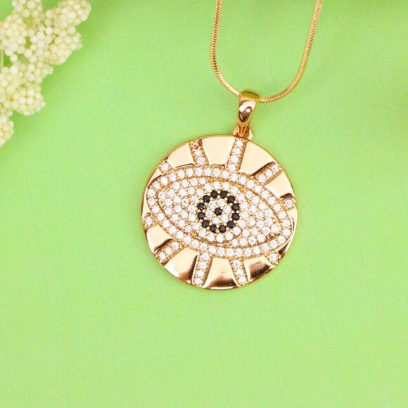 "Round Evil Eye Rose Gold Pendant with CZ Crystals and Shine Finish, XPPT1519 - Picture 13 of 13